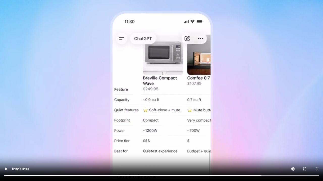 Checked ChatGPT shopping video frame showing microwave comparison prices